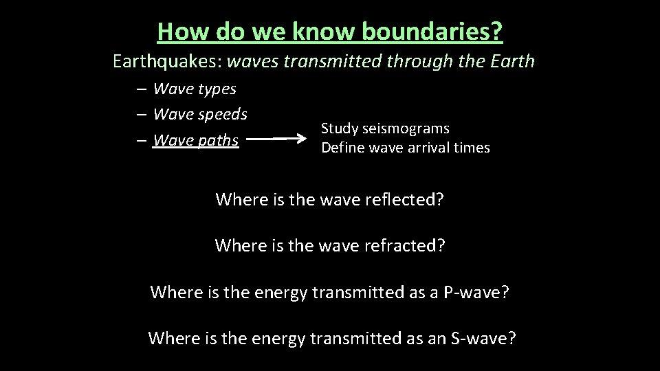 How do we know boundaries? Earthquakes: waves transmitted through the Earth – Wave types