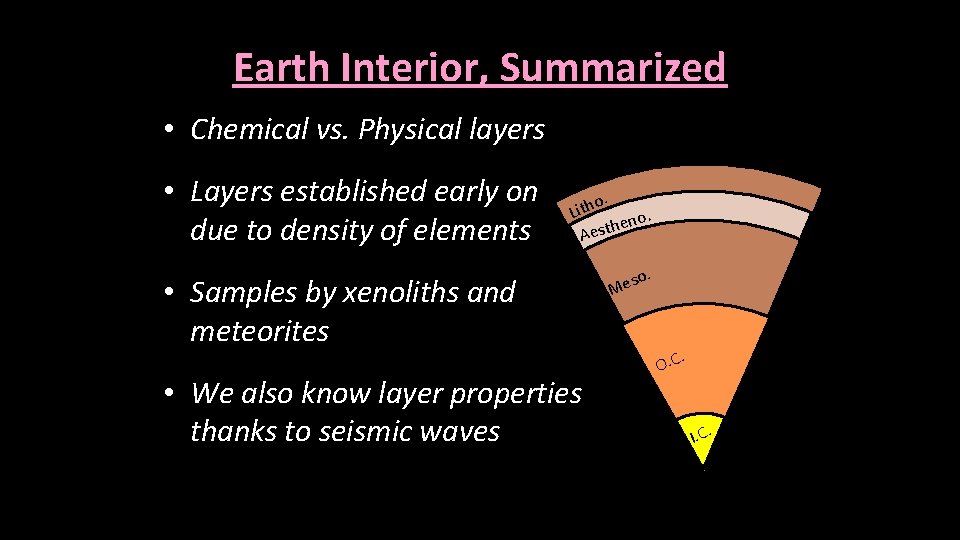 Earth Interior, Summarized • Chemical vs. Physical layers • Layers established early on due