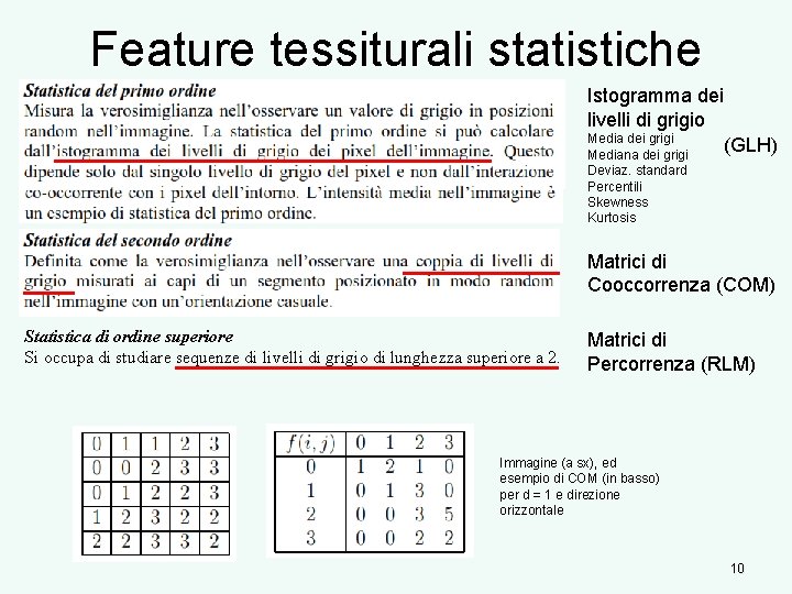 Feature tessiturali statistiche Istogramma dei livelli di grigio Media dei grigi (GLH) Mediana dei