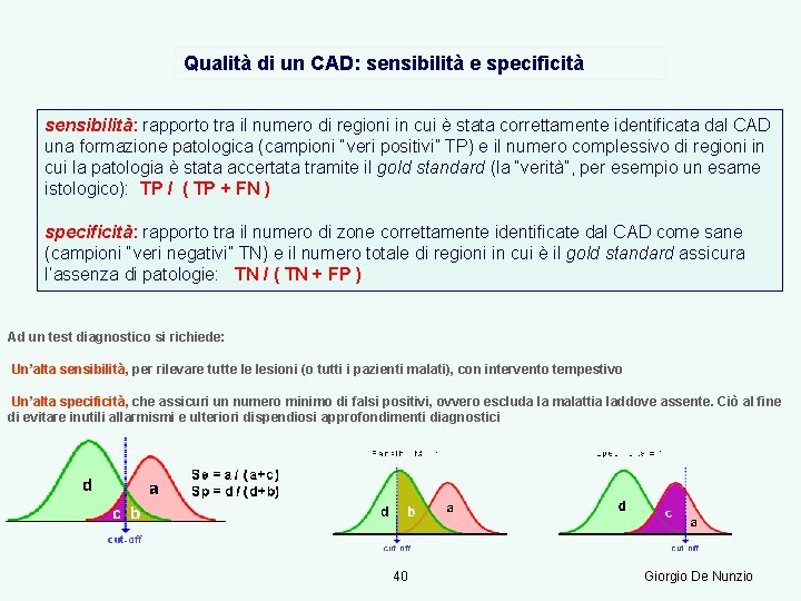 Qualità di un CAD: sensibilità e specificità sensibilità: rapporto tra il numero di regioni