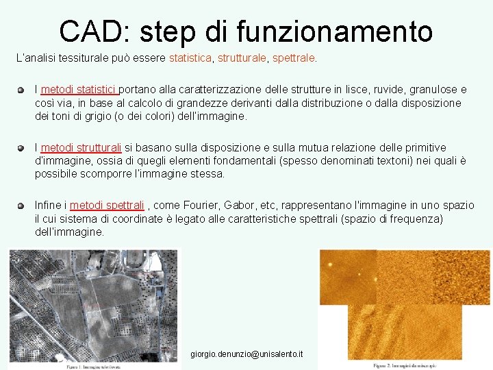 CAD: step di funzionamento L’analisi tessiturale può essere statistica, strutturale, spettrale. I metodi statistici