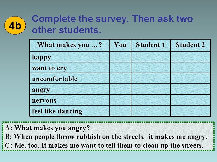 4 b Complete the survey. Then ask two other students. What makes you …?