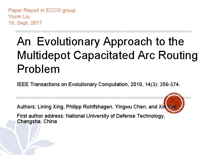 Paper Report in ECCO group Yuxin Liu 19, Sept. 2017 An Evolutionary Approach to