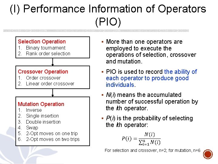 (I) Performance Information of Operators (PIO) Selection Operation 1. Binary tournament 2. Rank order