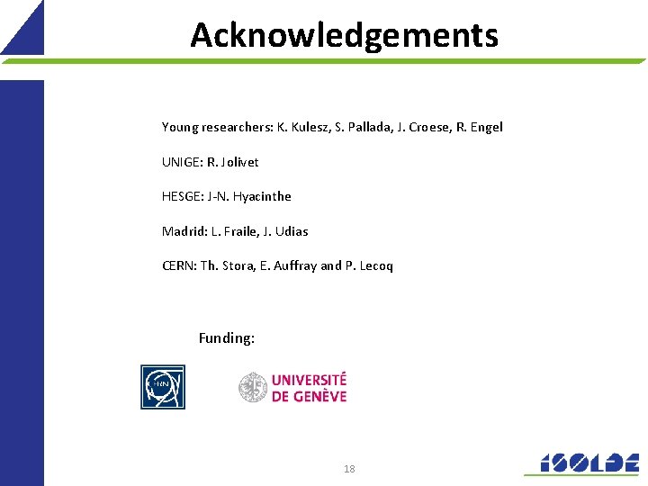 Acknowledgements Young researchers: K. Kulesz, S. Pallada, J. Croese, R. Engel UNIGE: R. Jolivet