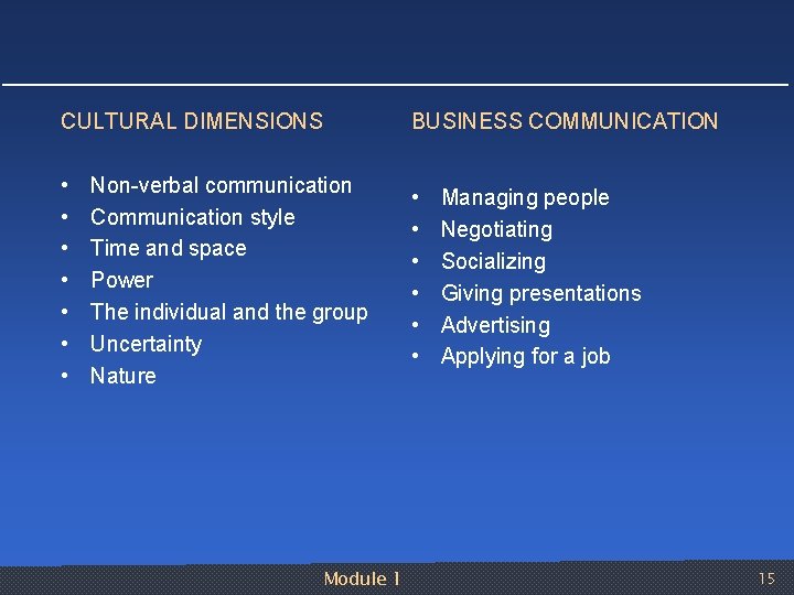 CULTURAL DIMENSIONS BUSINESS COMMUNICATION • • • • Non verbal communication Communication style Time