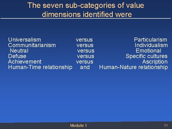 The seven sub categories of value dimensions identified were Universalism Communitarianism Neutral Defuse Achievement