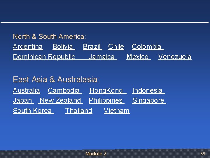 North & South America: Argentina Bolivia Brazil Chile Colombia Dominican Republic Jamaica Mexico Venezuela