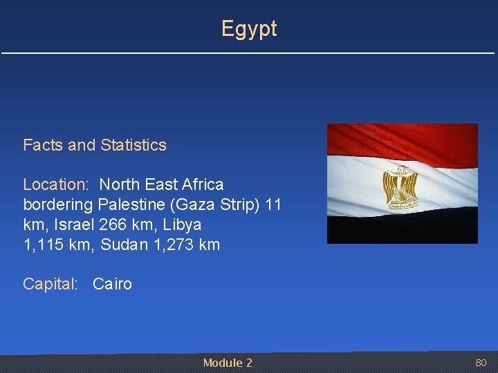 Egypt Facts and Statistics Location: North East Africa bordering Palestine (Gaza Strip) 11 km,