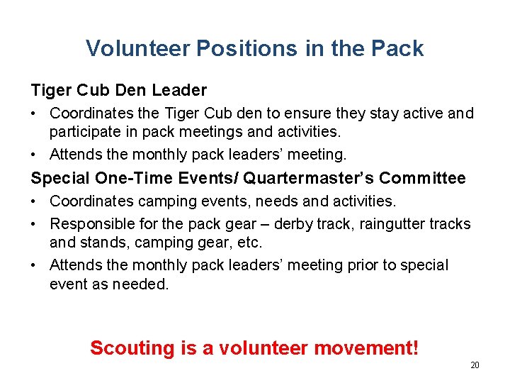 Volunteer Positions in the Pack Tiger Cub Den Leader • Coordinates the Tiger Cub