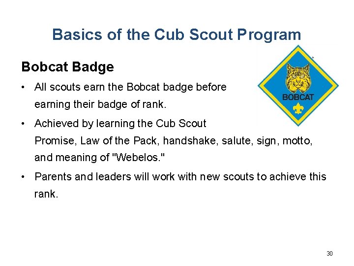 Basics of the Cub Scout Program Bobcat Badge • All scouts earn the Bobcat