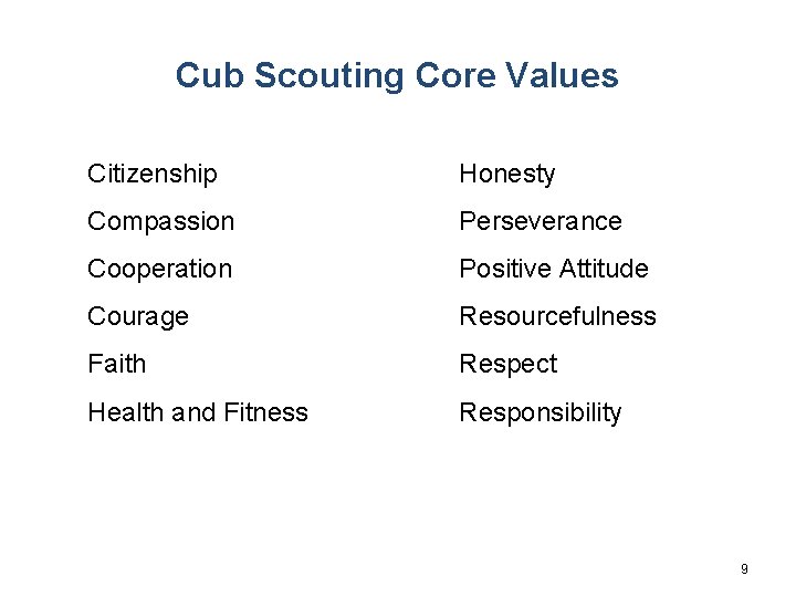 Cub Scouting Core Values Citizenship Honesty Compassion Perseverance Cooperation Positive Attitude Courage Resourcefulness Faith