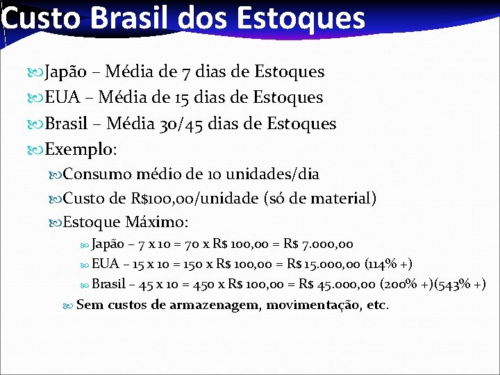 Custo Brasil dos Estoques Japão – Média de 7 dias de Estoques EUA –