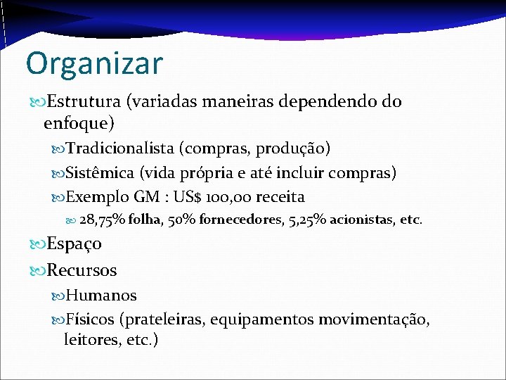 Organizar Estrutura (variadas maneiras dependendo do enfoque) Tradicionalista (compras, produção) Sistêmica (vida própria e