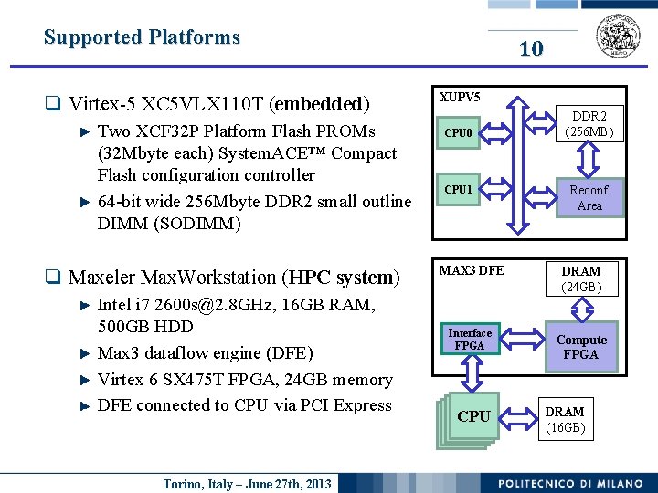 Supported Platforms q Virtex-5 XC 5 VLX 110 T (embedded) Two XCF 32 P