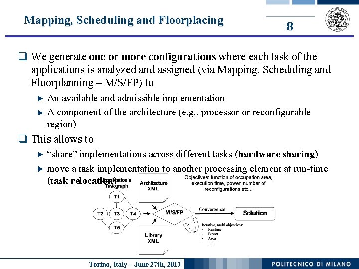 Mapping, Scheduling and Floorplacing 8 q We generate one or more configurations where each