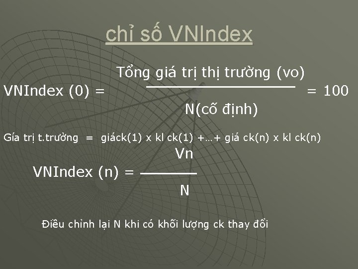 chỉ số VNIndex Tổng giá trị thị trường (vo) VNIndex (0) = = 100