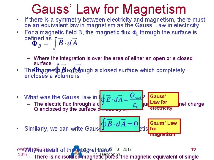 Gauss’ Law for Magnetism • If there is a symmetry between electricity and magnetism,