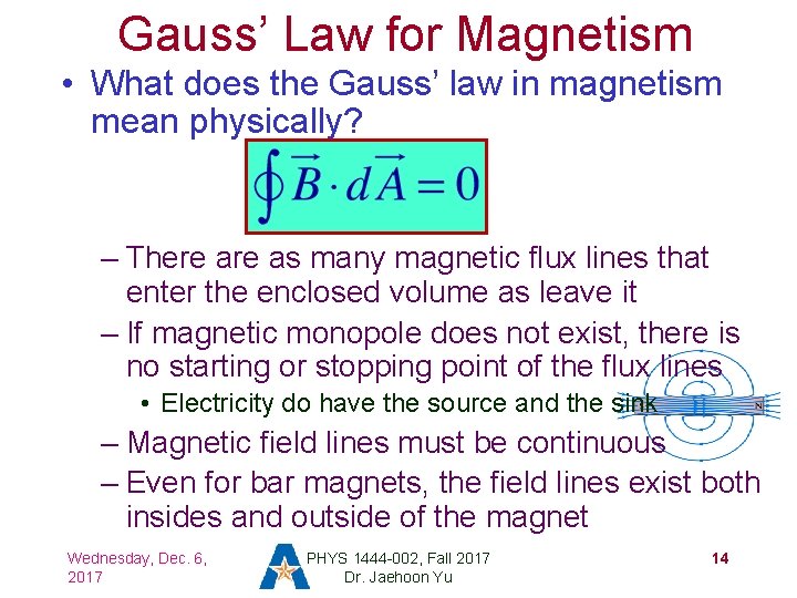 Gauss’ Law for Magnetism • What does the Gauss’ law in magnetism mean physically?