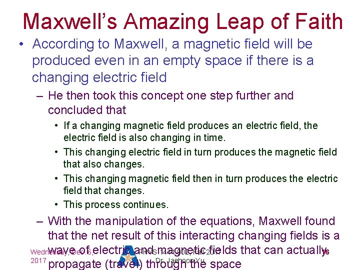 Maxwell’s Amazing Leap of Faith • According to Maxwell, a magnetic field will be