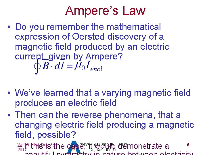 Ampere’s Law • Do you remember the mathematical expression of Oersted discovery of a