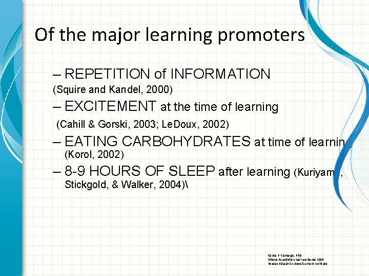 Of the major learning promoters – REPETITION of INFORMATION (Squire and Kandel, 2000) –