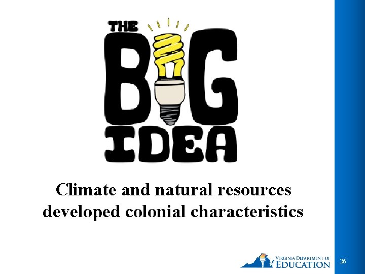 Climate and natural resources developed colonial characteristics 26 