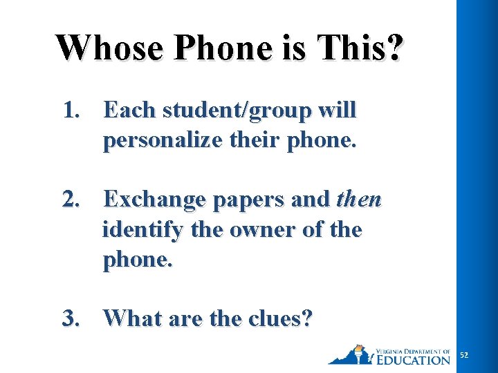 Whose Phone is This? 1. Each student/group will personalize their phone. 2. Exchange papers
