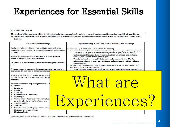 Experiences for Essential Skills What are Experiences? 8 