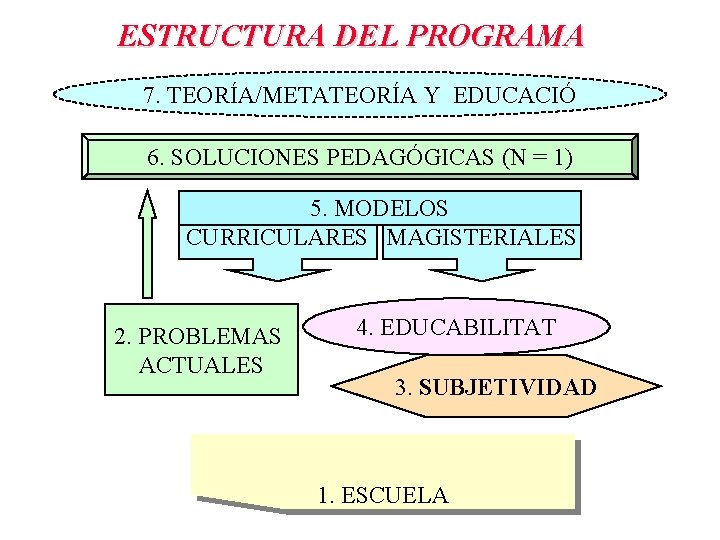 ESTRUCTURA DEL PROGRAMA 7. TEORÍA/METATEORÍA Y EDUCACIÓ 6. SOLUCIONES PEDAGÓGICAS (N = 1) 5.