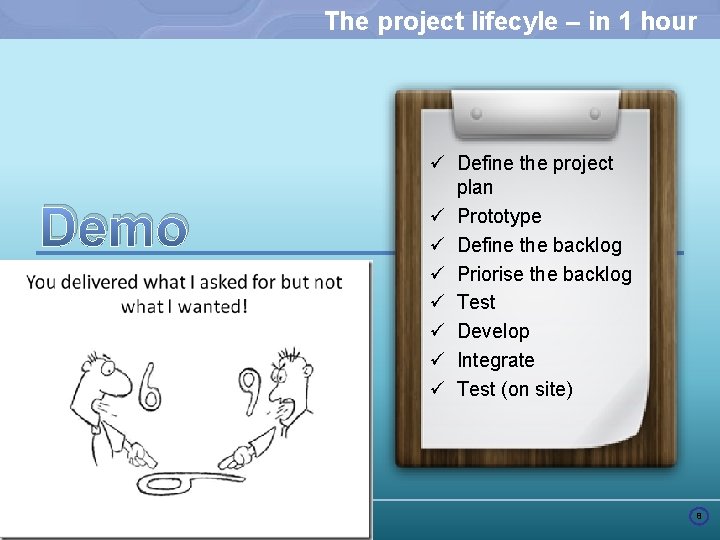 The project lifecyle – in 1 hour Demo ü Define the project plan ü