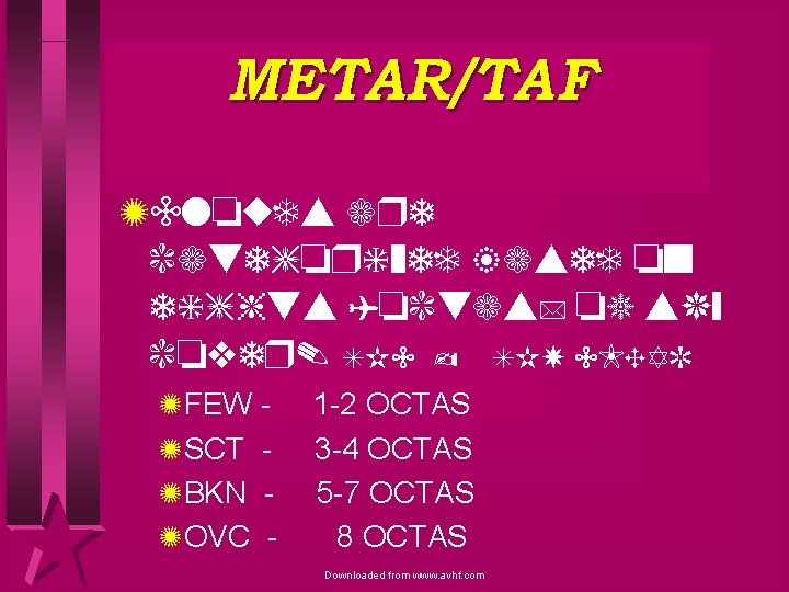 METAR/TAF ZClouds are categorized based on eights (octas) of sky cover. SKC - SKY