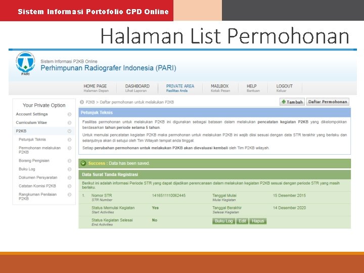 Sistem Informasi Portofolio CPD Online Halaman List Permohonan 