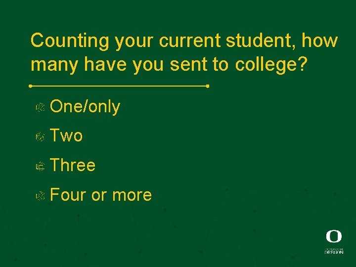 Counting your current student, how many have you sent to college? One/only Two Three