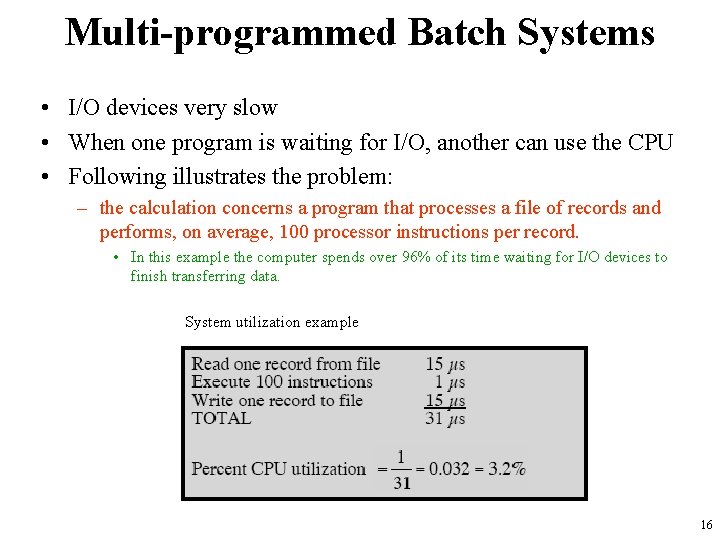 Multi-programmed Batch Systems • I/O devices very slow • When one program is waiting