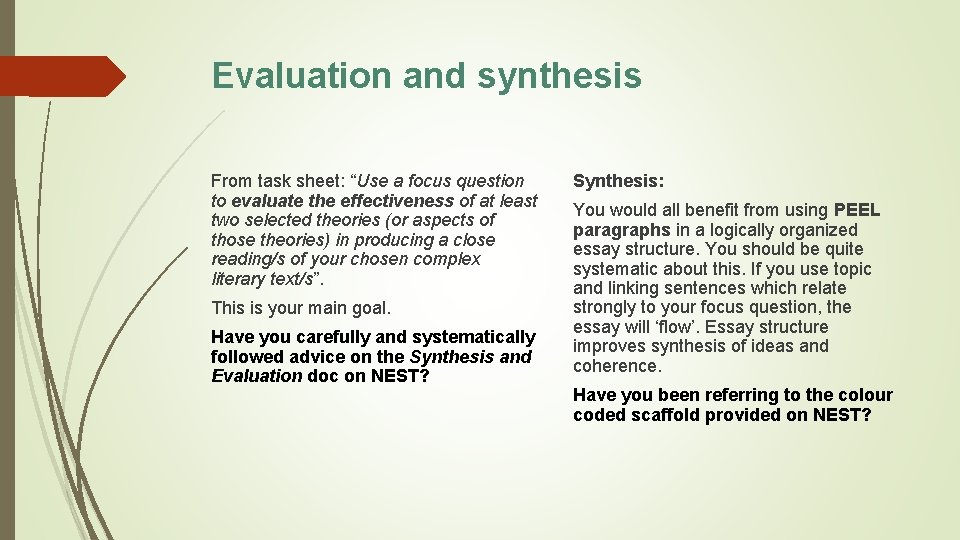Evaluation and synthesis From task sheet: “Use a focus question to evaluate the effectiveness