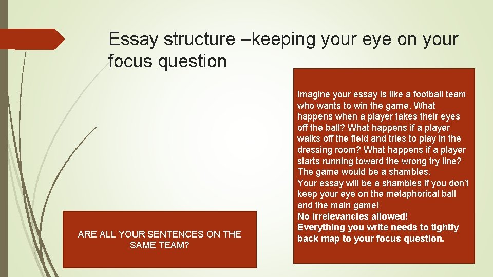 Essay structure –keeping your eye on your focus question ARE ALL YOUR SENTENCES ON