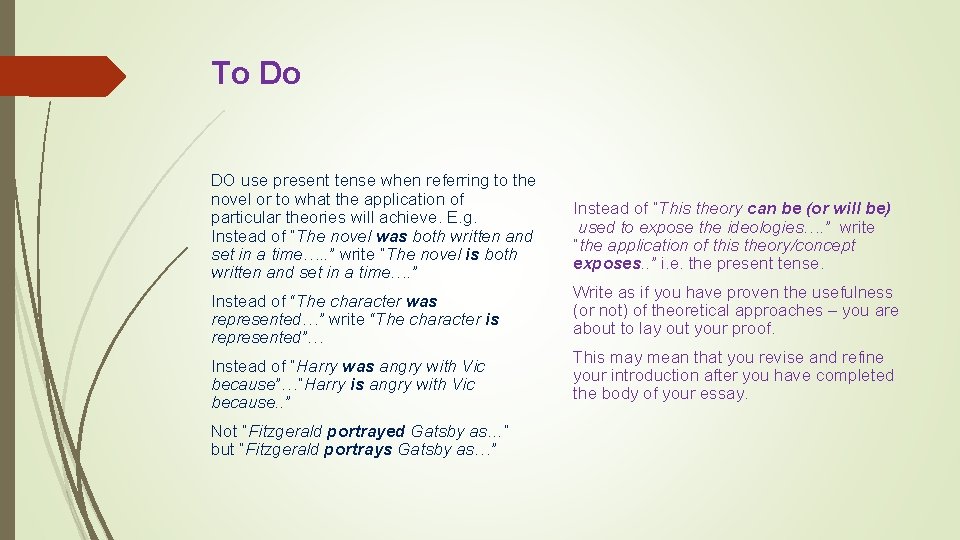 To Do DO use present tense when referring to the novel or to what