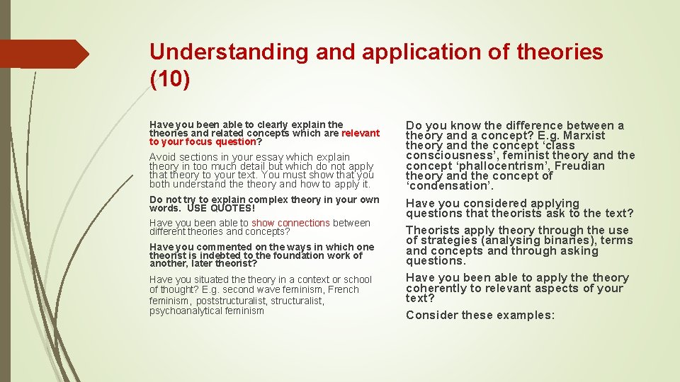 Understanding and application of theories (10) Have you been able to clearly explain theories