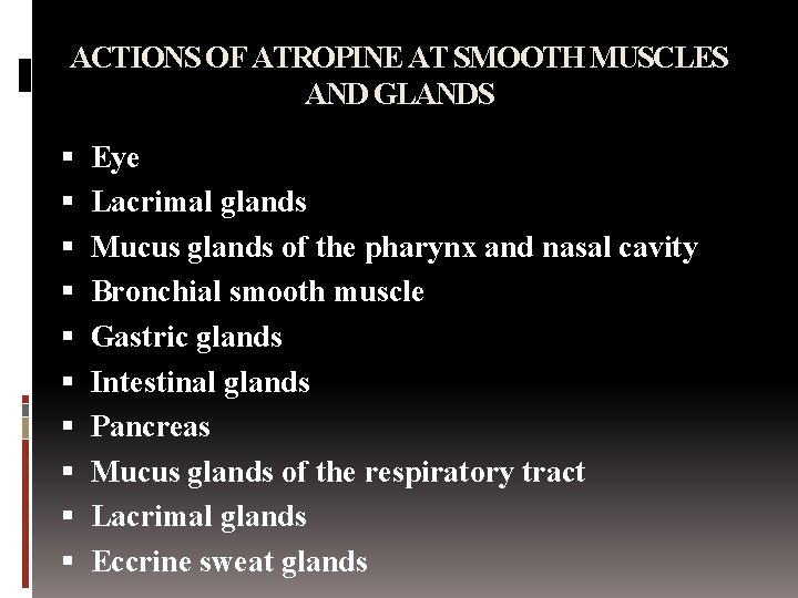 ACTIONS OF ATROPINE AT SMOOTH MUSCLES AND GLANDS Eye Lacrimal glands Mucus glands of