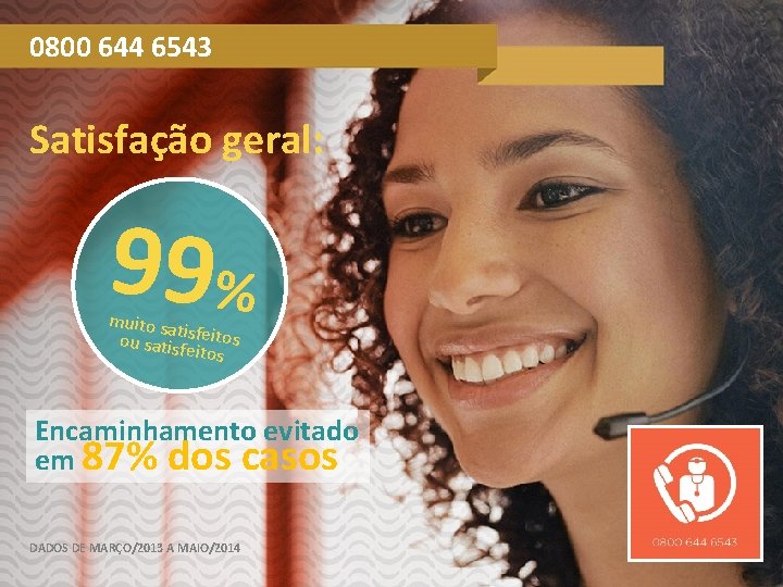 0800 644 6543 Satisfação geral: 99% muito sa t ou satisfisfeitos Encaminhamento evitado em