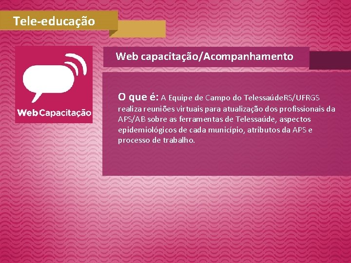 Tele-educação Web capacitação/Acompanhamento O que é: A Equipe de Campo do Telessaúde. RS/UFRGS realiza