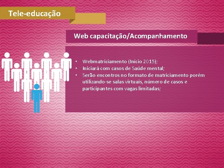 Tele-educação Web capacitação/Acompanhamento • Webmatriciamento (Início 2015); • Iniciará com casos de Saúde mental;