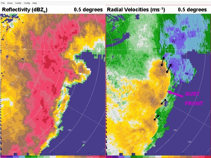 Reflectivity (d. BZe) 0. 5 degrees Radial Velocities (ms -1) 0. 5 degrees GUST