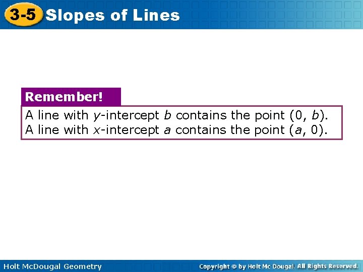 3 -5 Slopes of Lines Remember! A line with y-intercept b contains the point