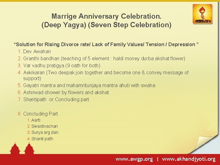 Marrige Anniversary Celebration. (Deep Yagya) (Seven Step Celebration) “Solution for Rising Divorce rate/ Lack