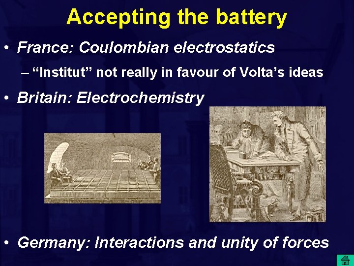 Accepting the battery • France: Coulombian electrostatics – “Institut” not really in favour of