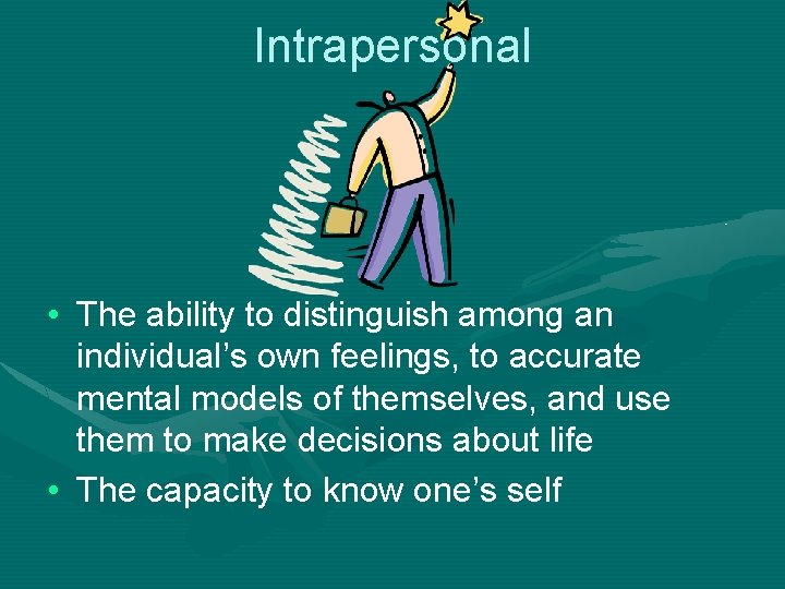 Intrapersonal • The ability to distinguish among an individual’s own feelings, to accurate mental