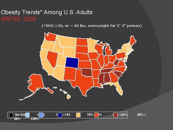Obesity Trends* Among U. S. Adults BRFSS, 2008 (*BMI ≥ 30, or ~ 30