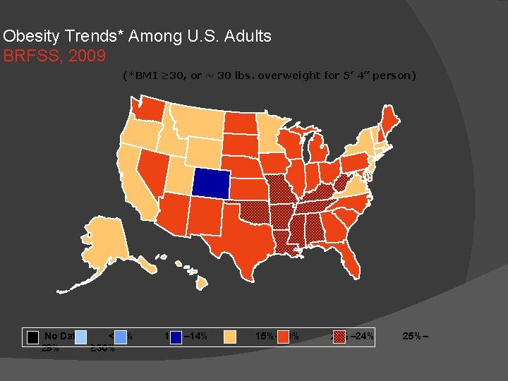 Obesity Trends* Among U. S. Adults BRFSS, 2009 (*BMI ≥ 30, or ~ 30